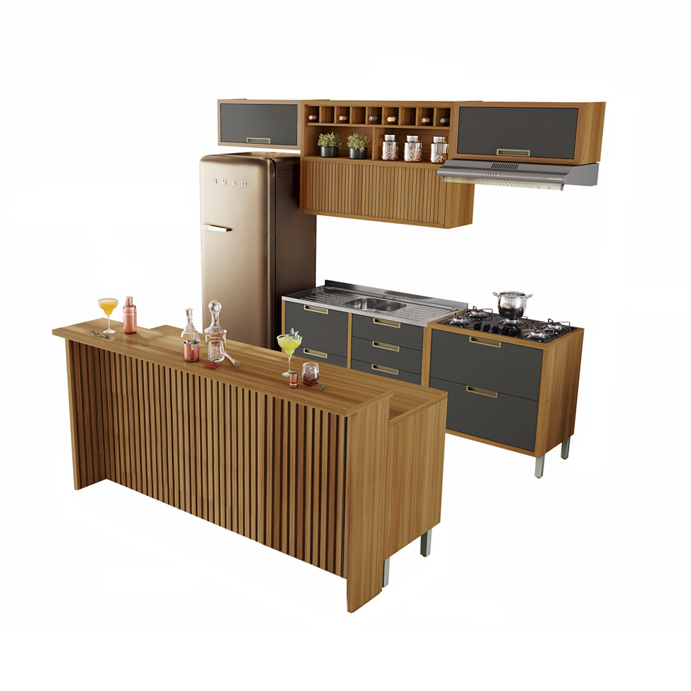 Cozinha Completa com Ilha Imperatriz 7 Portas 10 Gavetas Freijó e Grafite