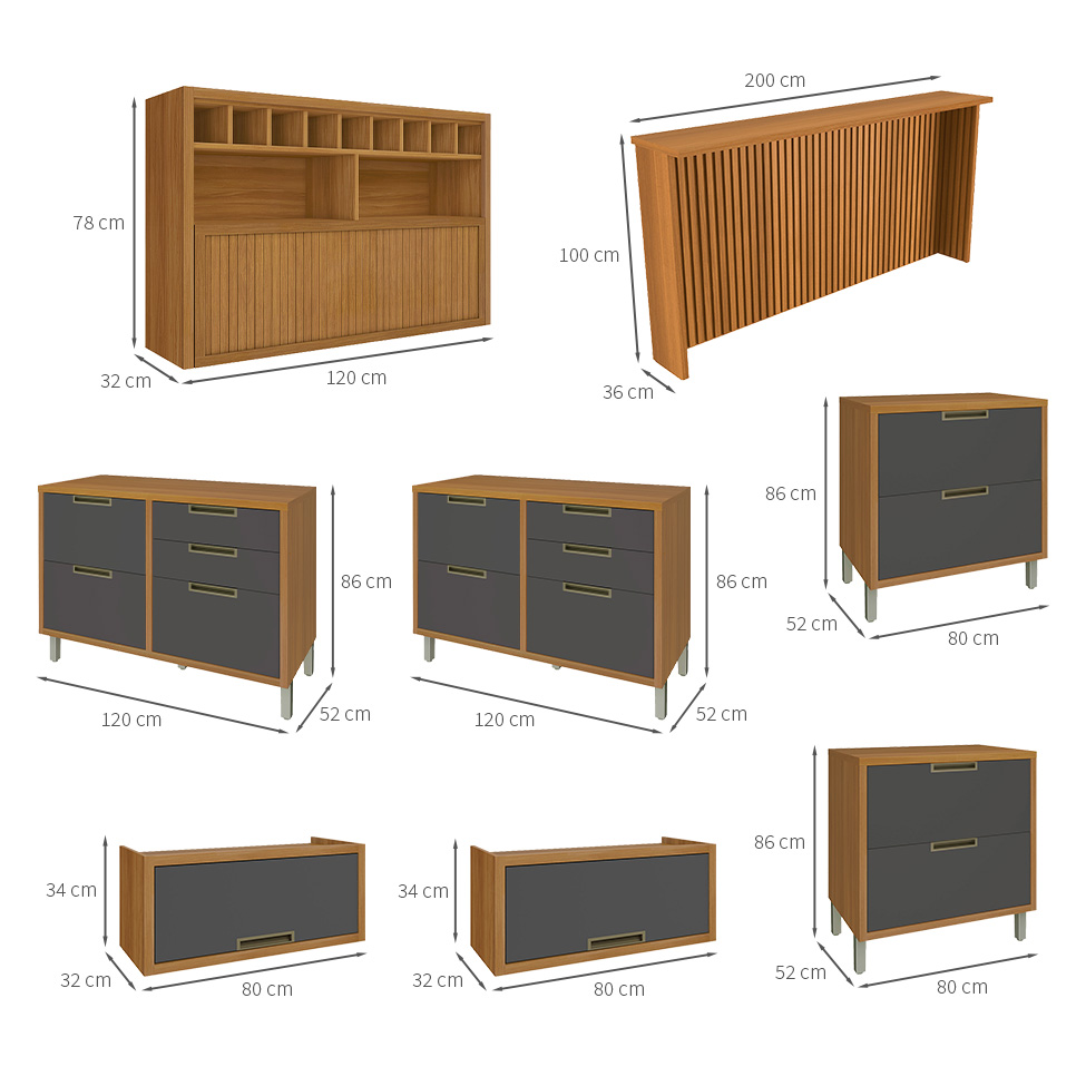 Cozinha Completa com Ilha Imperatriz 7 Portas 10 Gavetas Freijó e Grafite