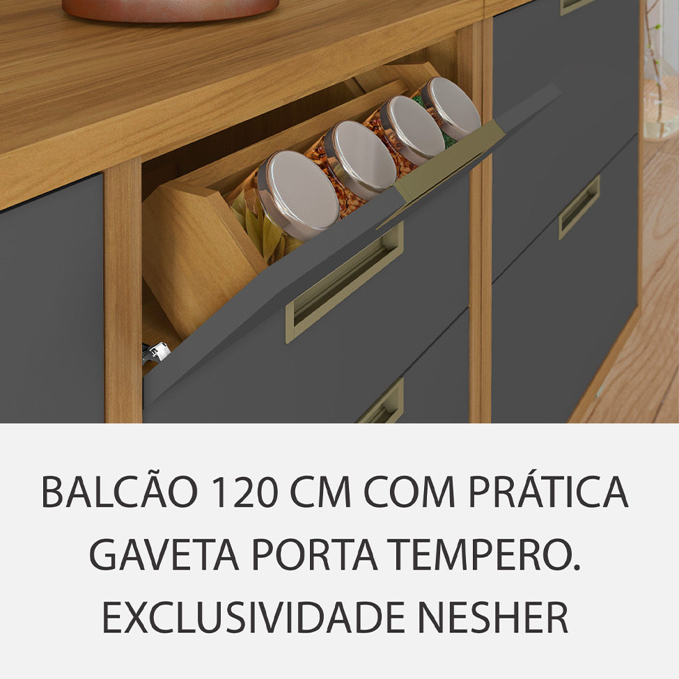 Cozinha Completa com Ilha Imperatriz 7 Portas 10 Gavetas Freijó e Grafite