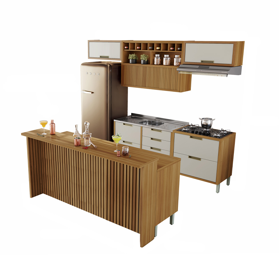 Cozinha Completa com Ilha Imperatriz 7 Portas 8 Gavetas Freijó e Off White