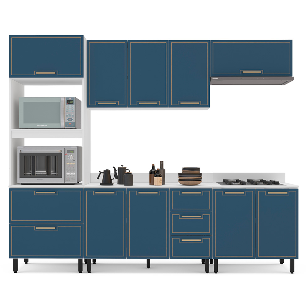 Cozinha Completa com Tampo Amara 10 Portas 4 Gavetas Azul e Branca