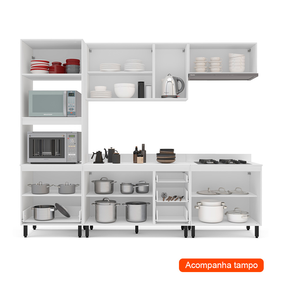 Cozinha Completa com Tampo Amara 10 Portas 4 Gavetas Branca