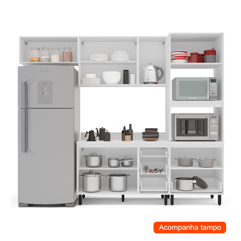Cozinha Completa com Tampo Amara 7 Portas 5 Gavetas Branca