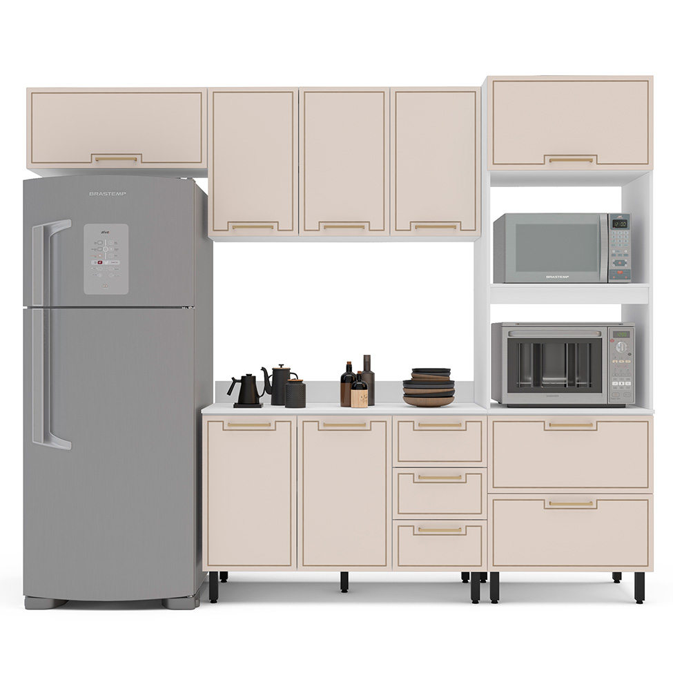 Cozinha Completa com Tampo Amara 7 Portas 5 Gavetas Creme e Branca