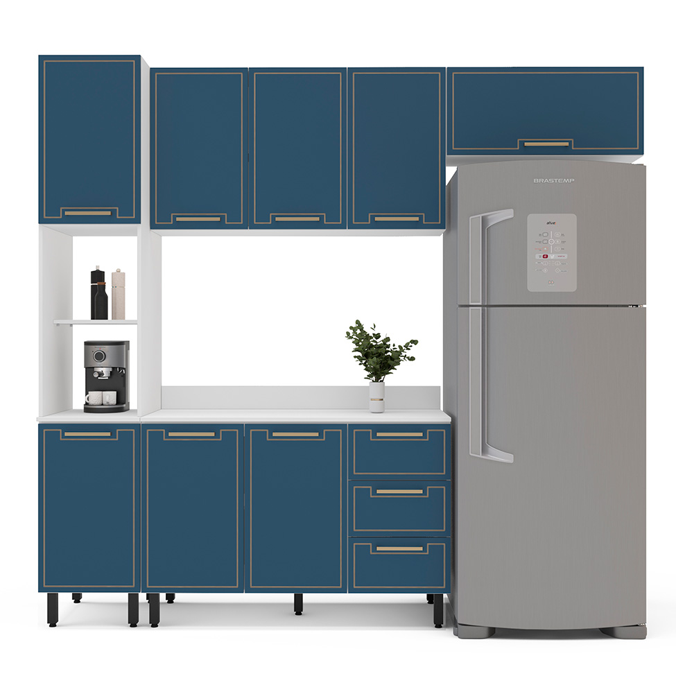Cozinha Completa com Tampo Amara 8 Portas 3 Gavetas Azul e Branca
