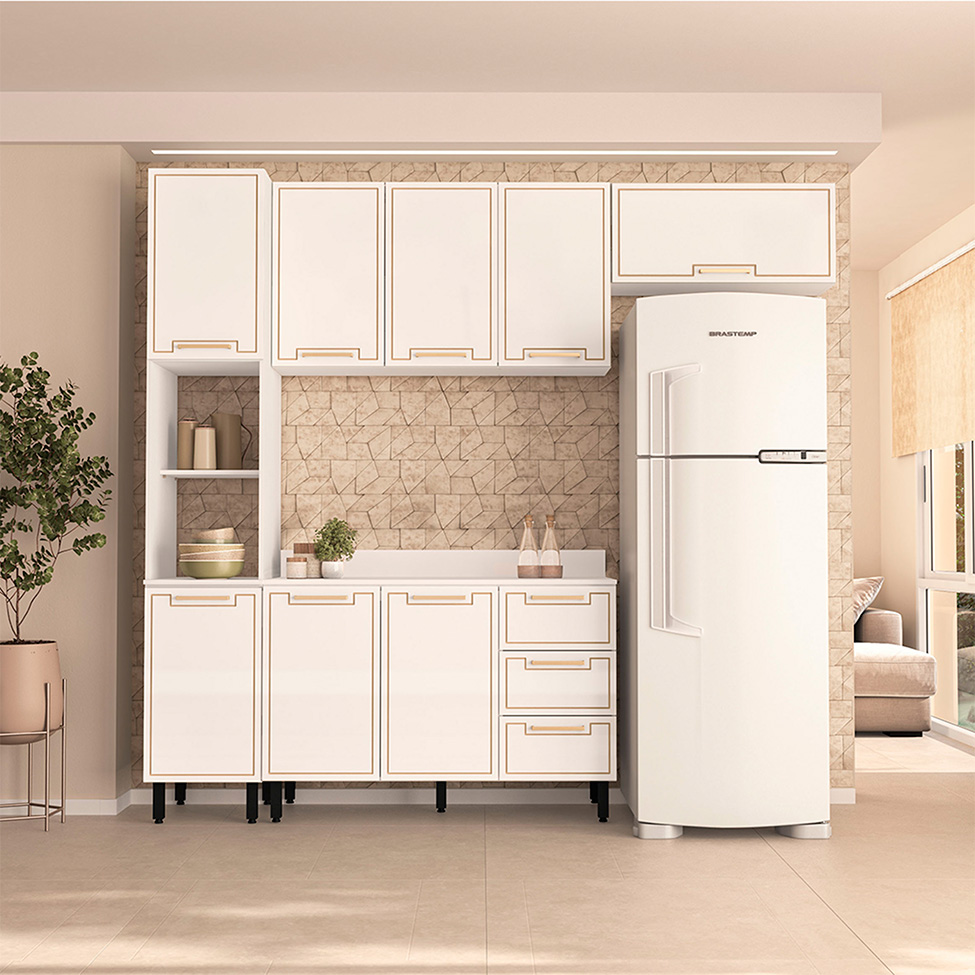 Cozinha Completa com Tampo Amara 8 Portas 3 Gavetas Branca