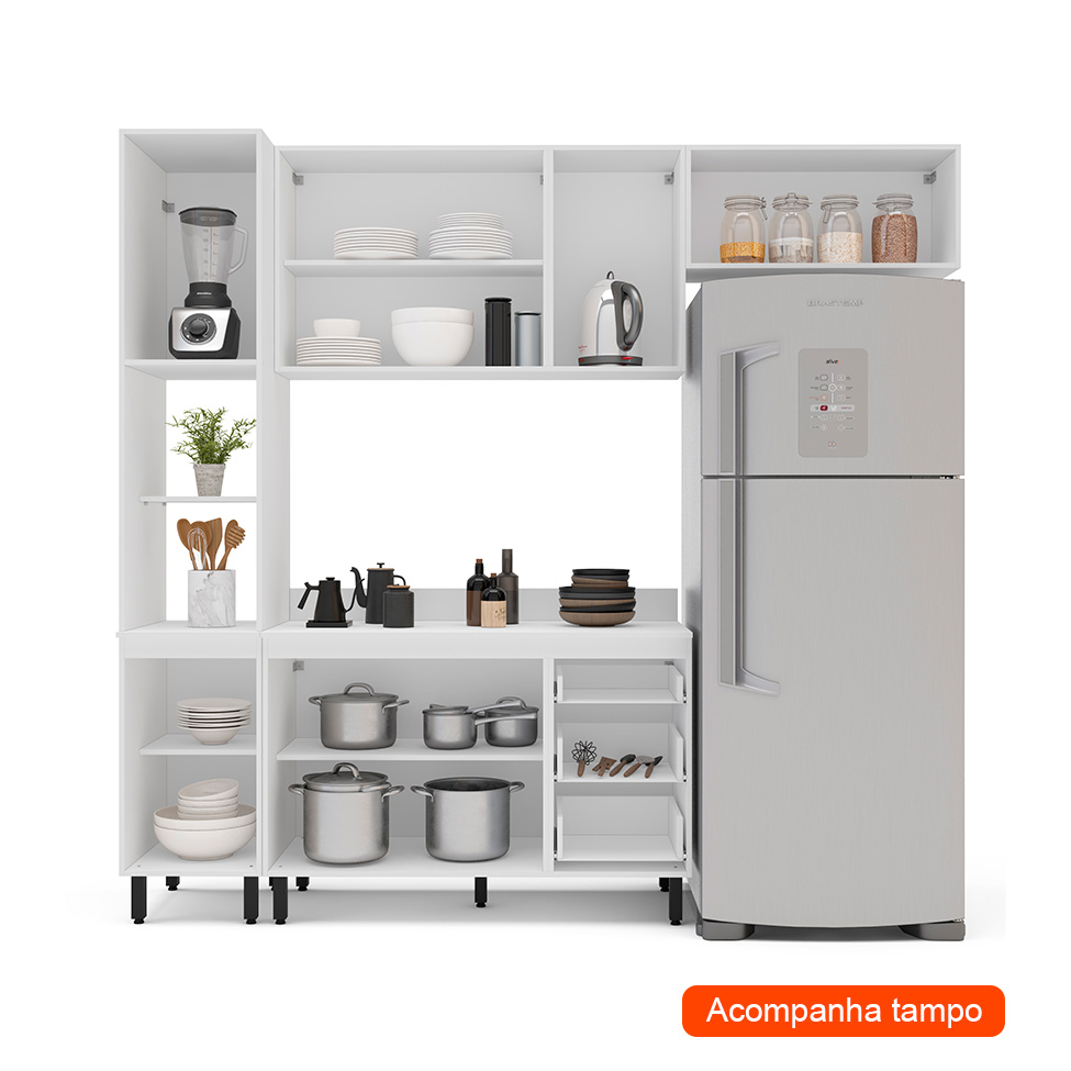 Cozinha Completa com Tampo Amara 8 Portas 3 Gavetas Branca