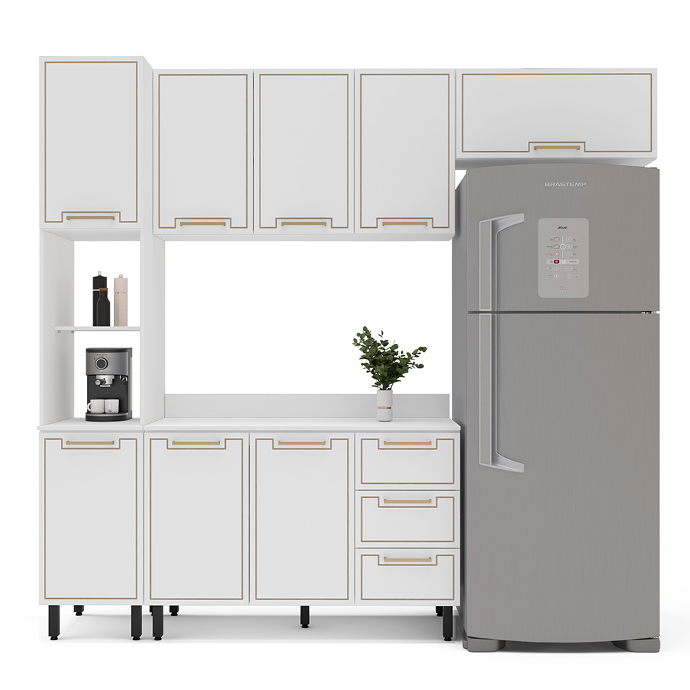 Cozinha Completa com Tampo Amara 8 Portas 3 Gavetas Branca