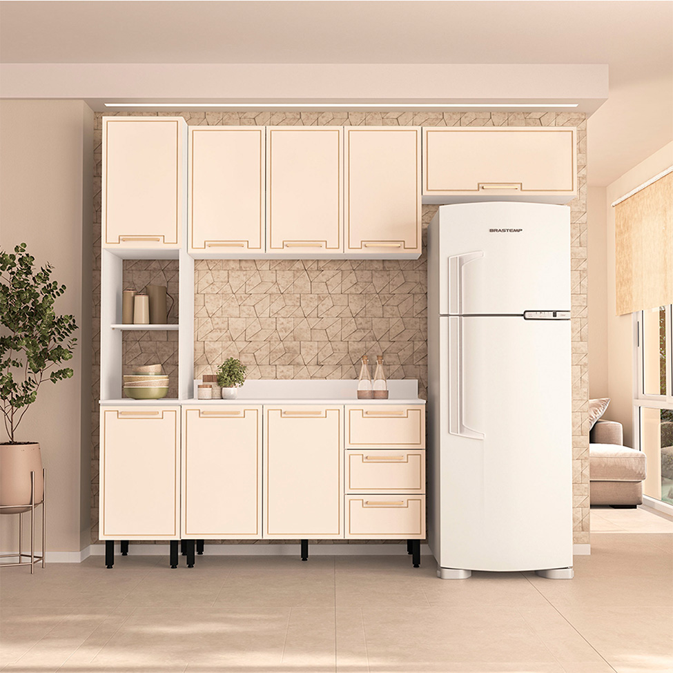 Cozinha Completa com Tampo Amara 8 Portas 3 Gavetas Creme e Branca