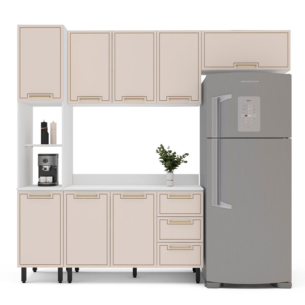Cozinha Completa com Tampo Amara 8 Portas 3 Gavetas Creme e Branca
