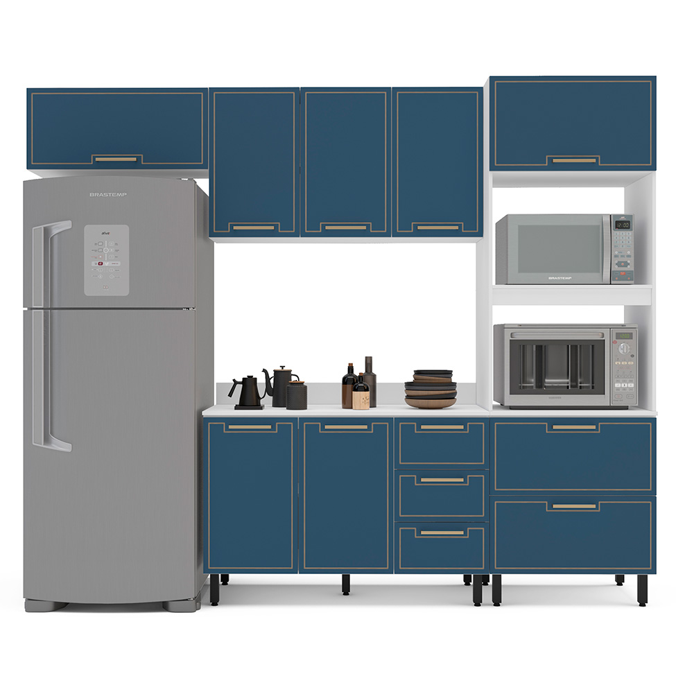 Cozinha Completa com Tampo Amara 8 Portas 4 Gavetas Azul e Branca