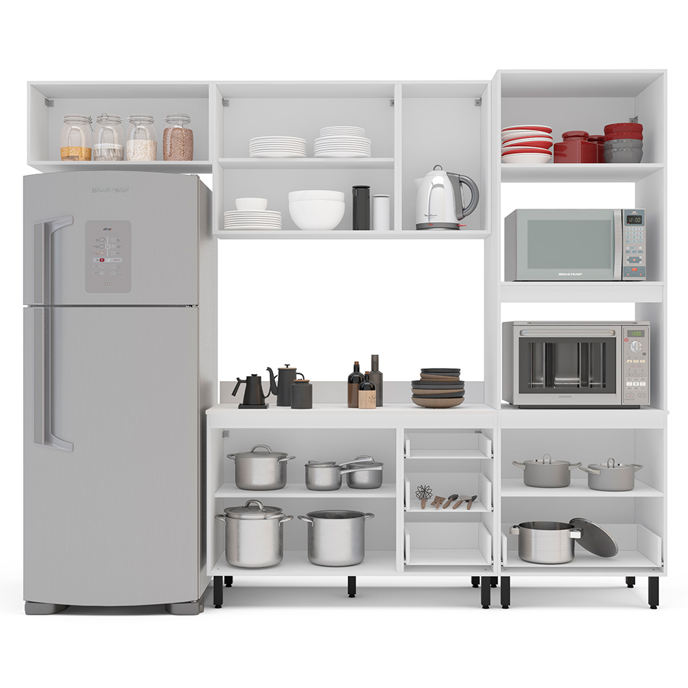 Cozinha Completa com Tampo Amara 8 Portas 4 Gavetas Creme e Branca
