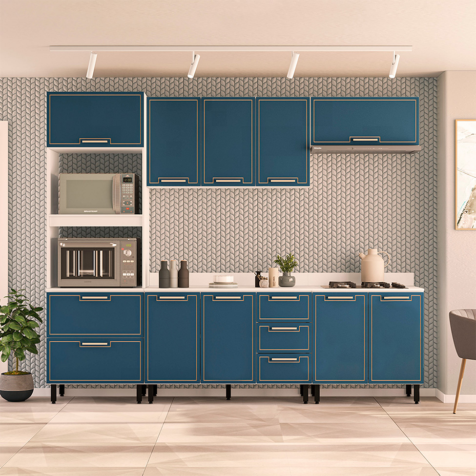 Cozinha Completa com Tampo Amara 9 Portas 5 Gavetas Azul e Branca