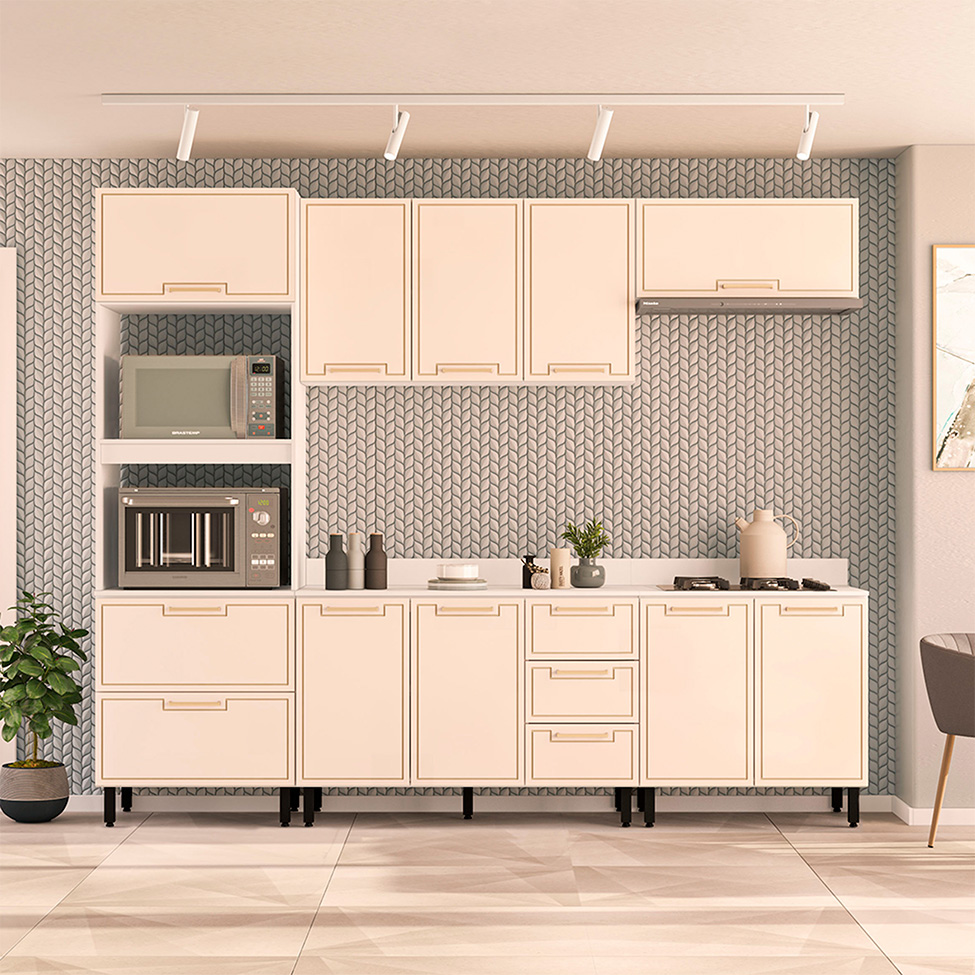 Cozinha Completa com Tampo Amara 9 Portas 5 Gavetas Creme e Branca