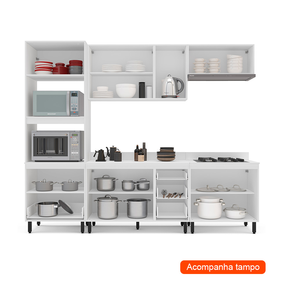 Cozinha Completa com Tampo Amara 9 Portas 5 Gavetas Creme e Branca