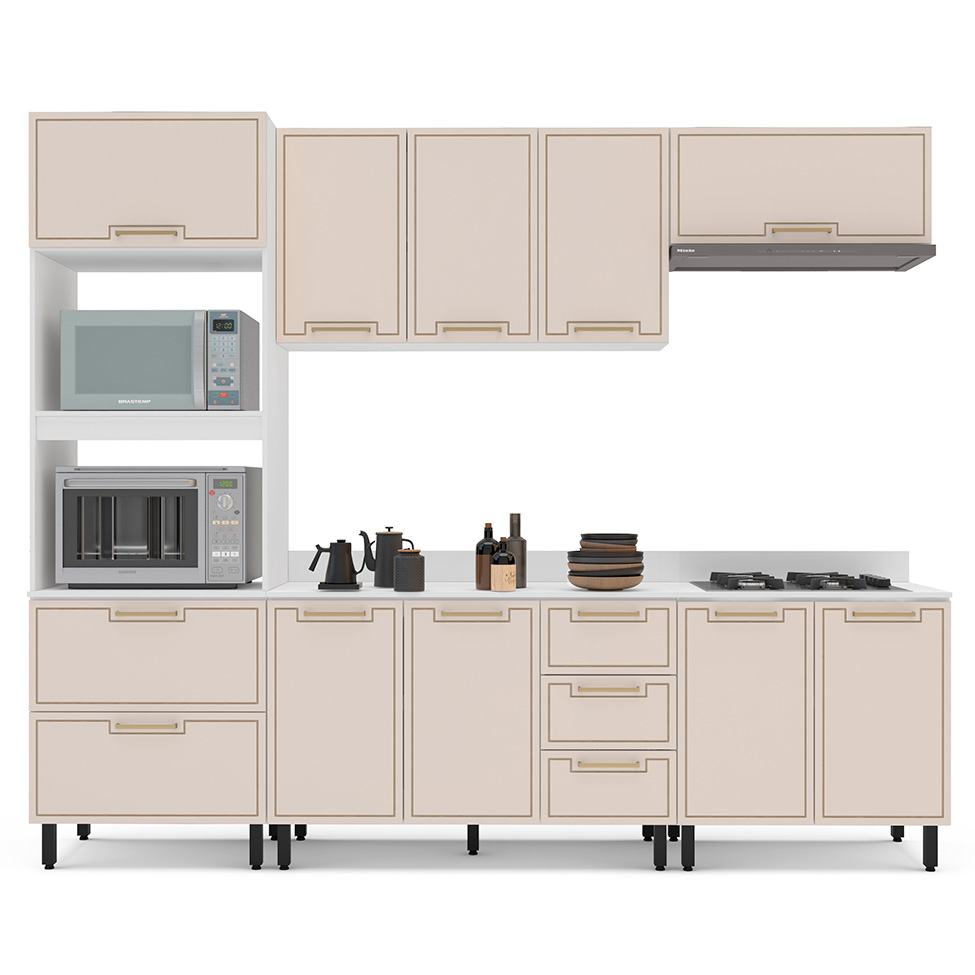 Cozinha Completa com Tampo Amara 9 Portas 5 Gavetas Creme e Branca