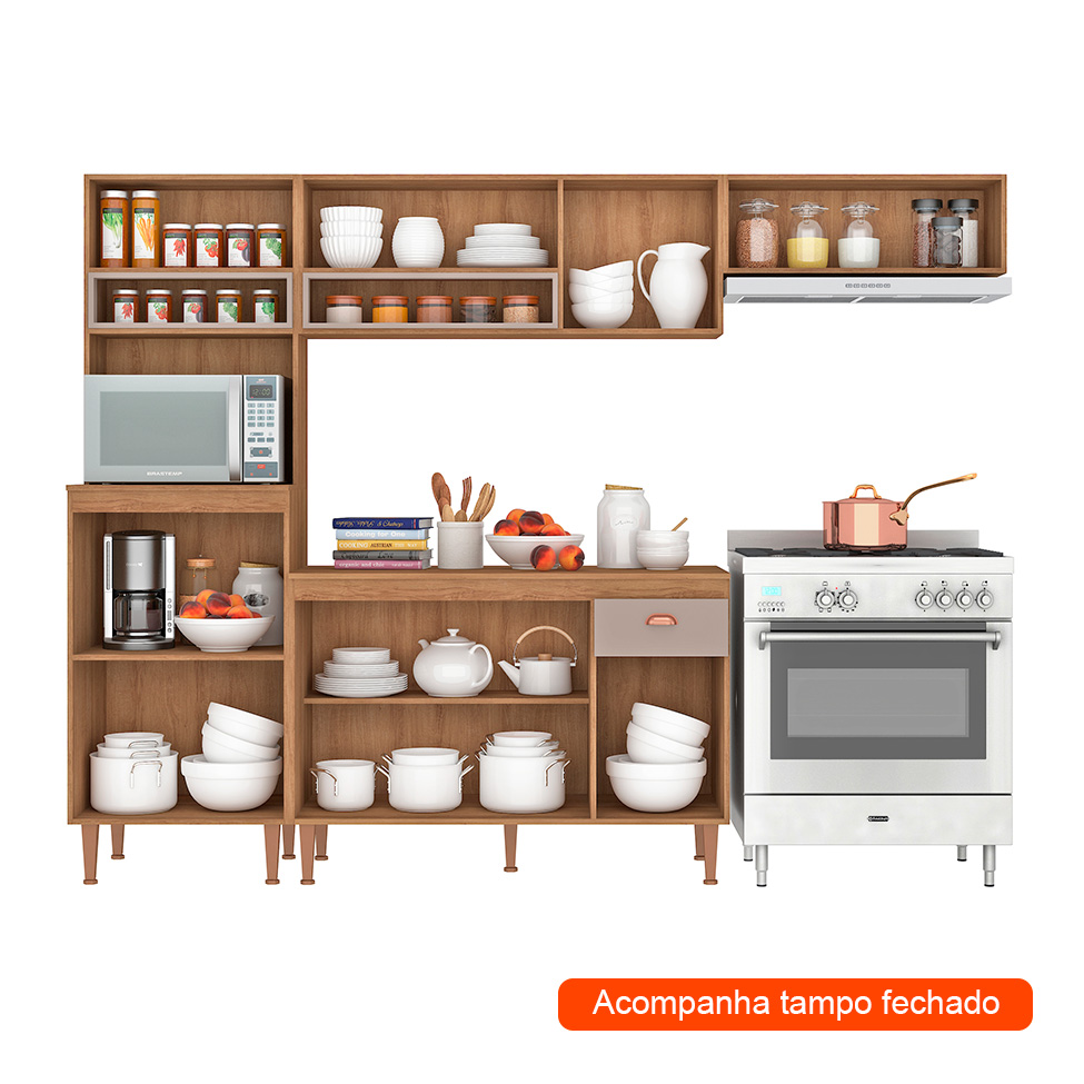 Cozinha Completa com Tampo Marti 8 Portas 1 Gaveta Mel e Fendi