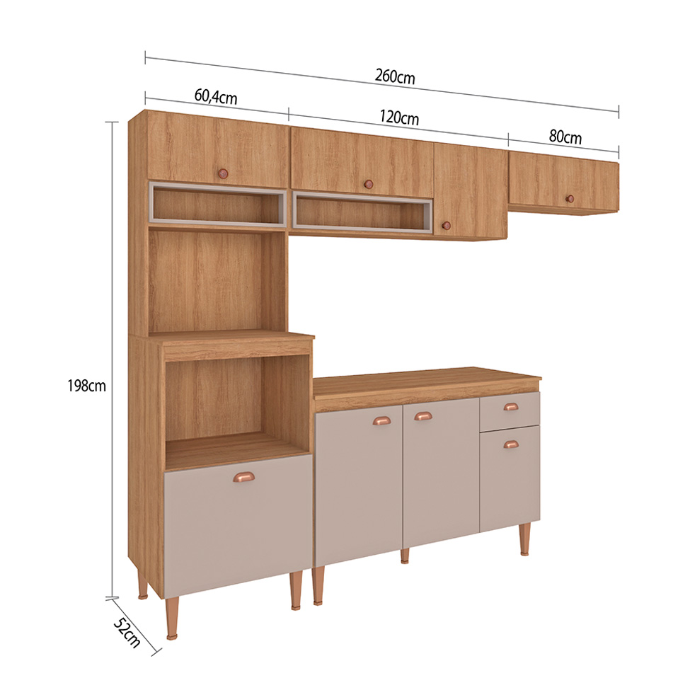 Cozinha Completa com Tampo Marti 8 Portas 1 Gaveta Mel e Fendi