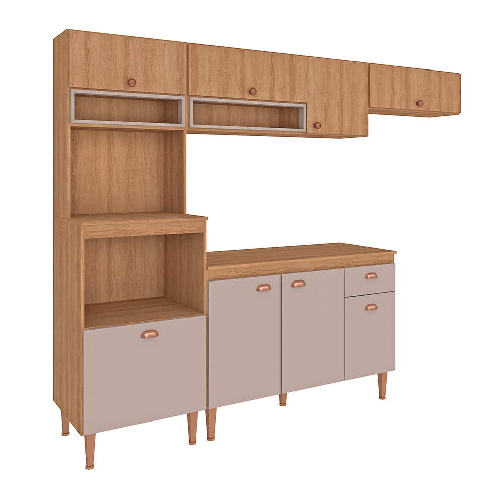 Cozinha Completa com Tampo Marti 8 Portas 1 Gaveta Mel e Fendi