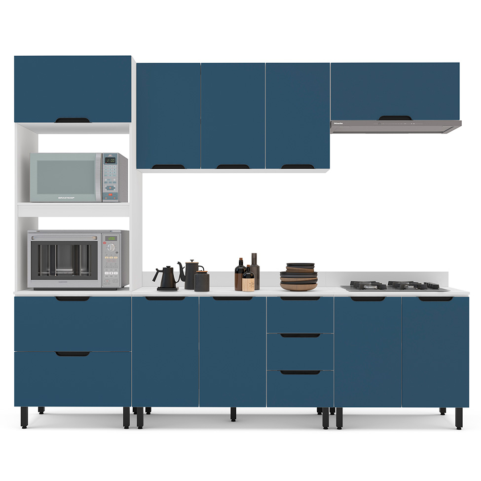 Cozinha Completa com Tampo Meena 10 Portas 4 Gavetas Azul e Branca