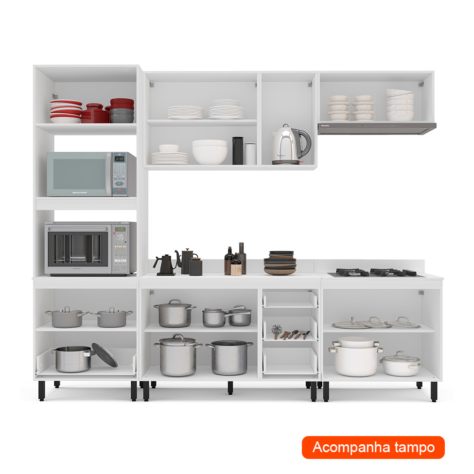 Cozinha Completa com Tampo Meena 10 Portas 4 Gavetas Creme e Branca