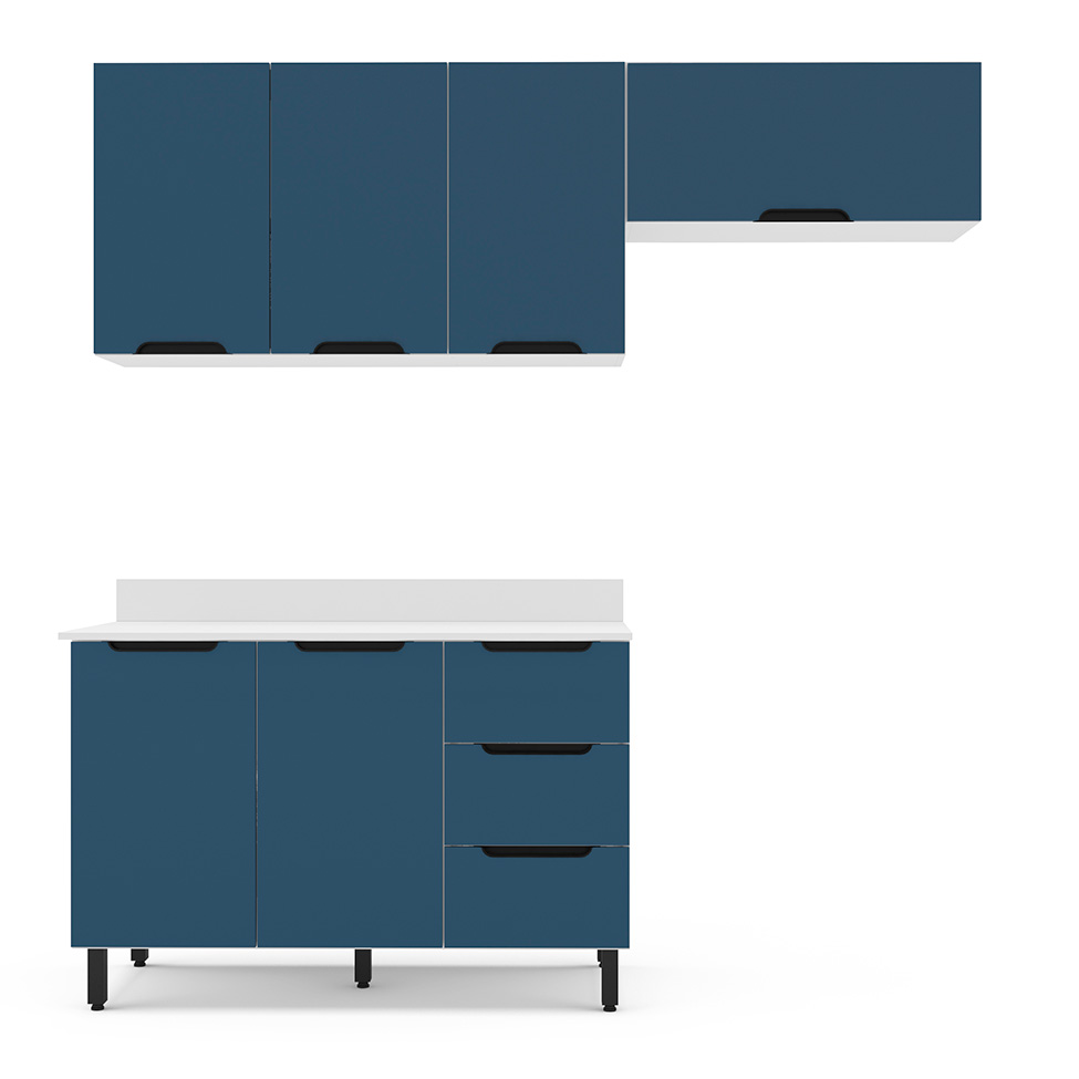 Cozinha Completa com Tampo Meena 6 Portas 3 Gavetas Azul e Branca