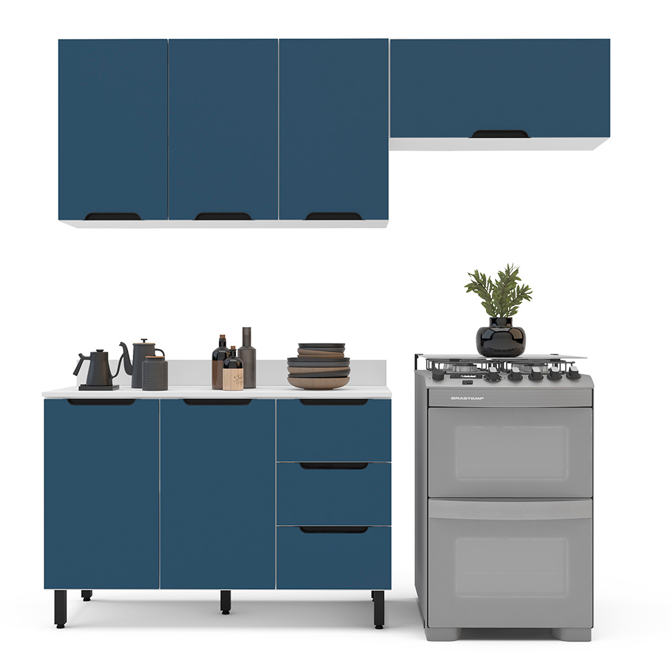 Cozinha Completa com Tampo Meena 6 Portas 3 Gavetas Azul e Branca