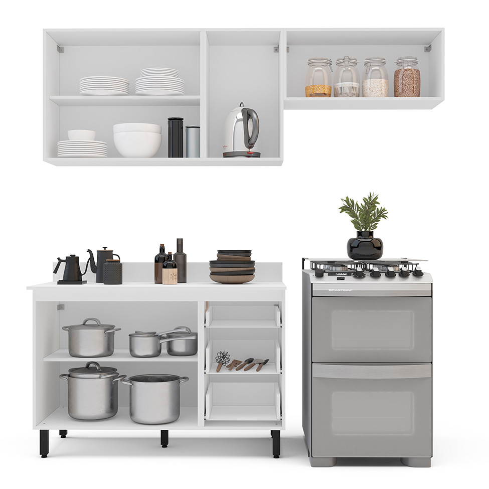 Cozinha Completa com Tampo Meena 6 Portas 3 Gavetas Creme e Branca
