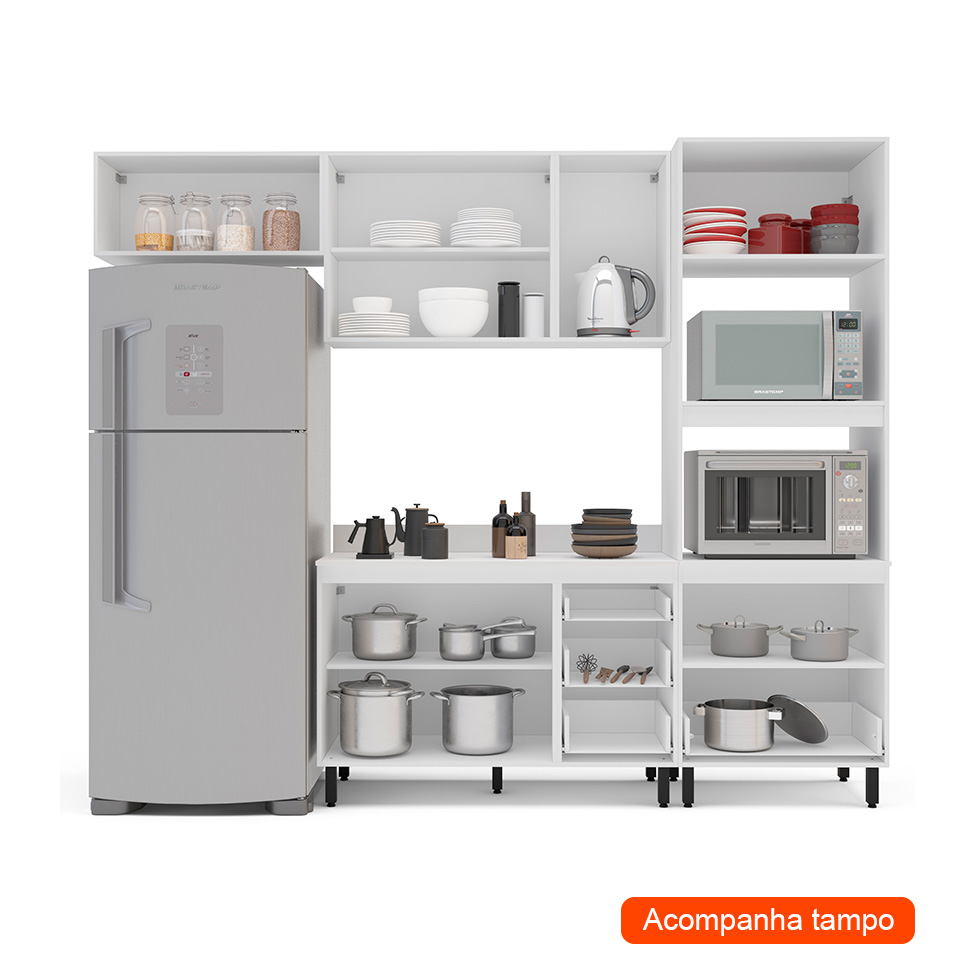 Cozinha Completa com Tampo Meena 7 Portas 5 Gavetas Azul e Branca
