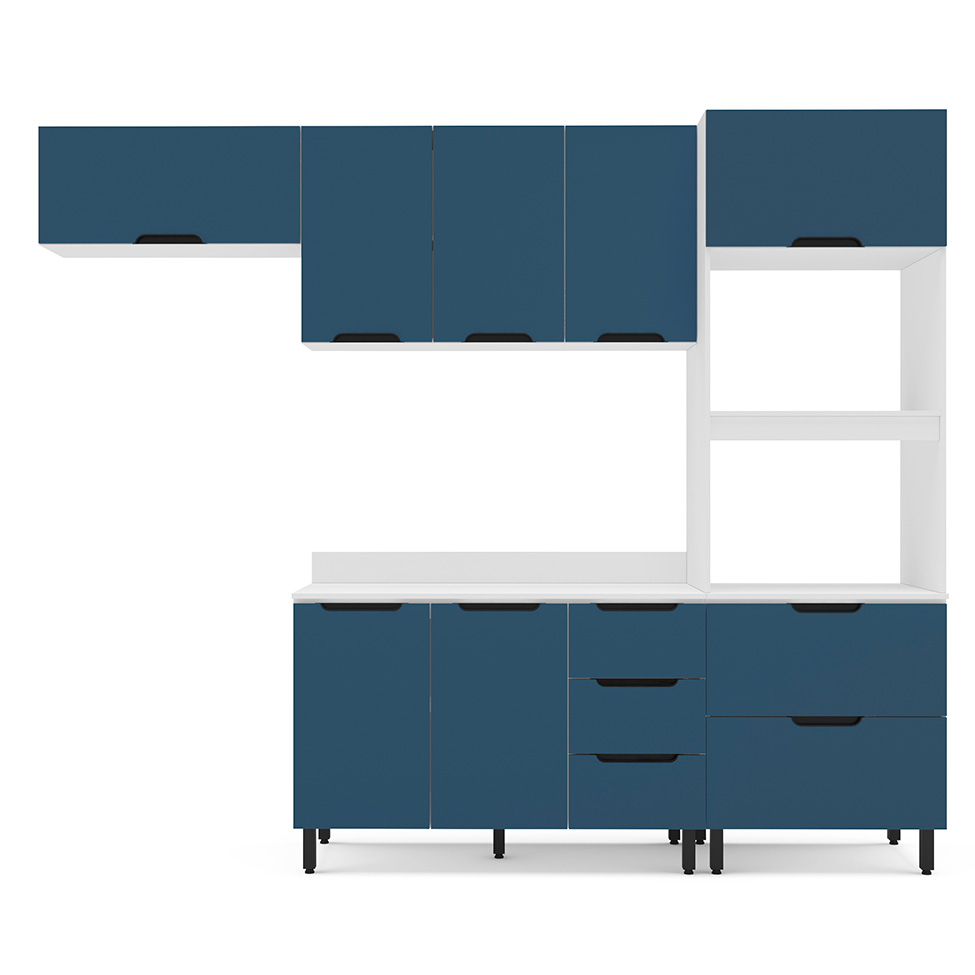 Cozinha Completa com Tampo Meena 7 Portas 5 Gavetas Azul e Branca