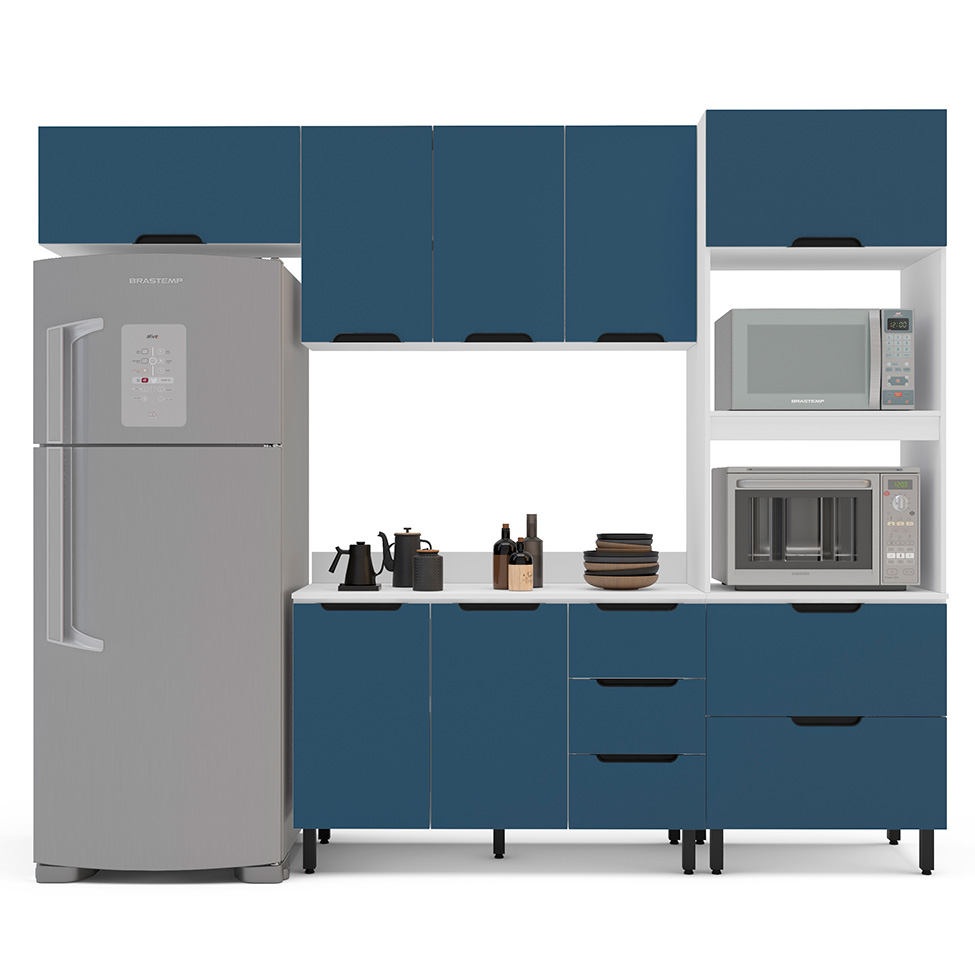 Cozinha Completa com Tampo Meena 7 Portas 5 Gavetas Azul e Branca