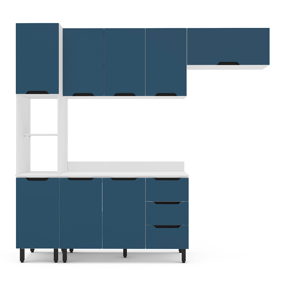 Cozinha Completa com Tampo Meena 8 Portas 3 Gavetas Azul e Branca