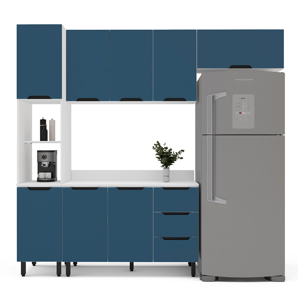 Cozinha Completa com Tampo Meena 8 Portas 3 Gavetas Azul e Branca