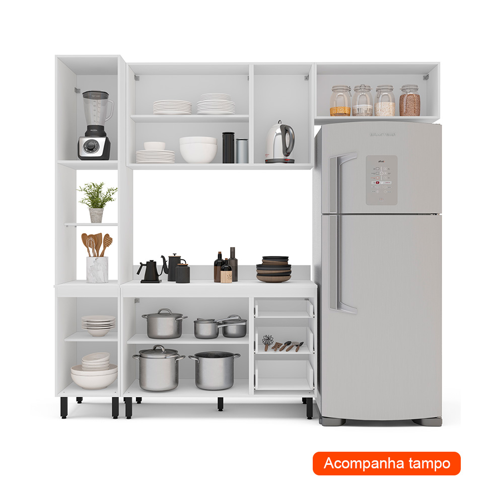 Cozinha Completa com Tampo Meena 8 Portas 3 Gavetas Branca