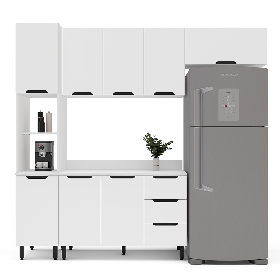 Cozinha Completa com Tampo Meena 8 Portas 3 Gavetas Branca