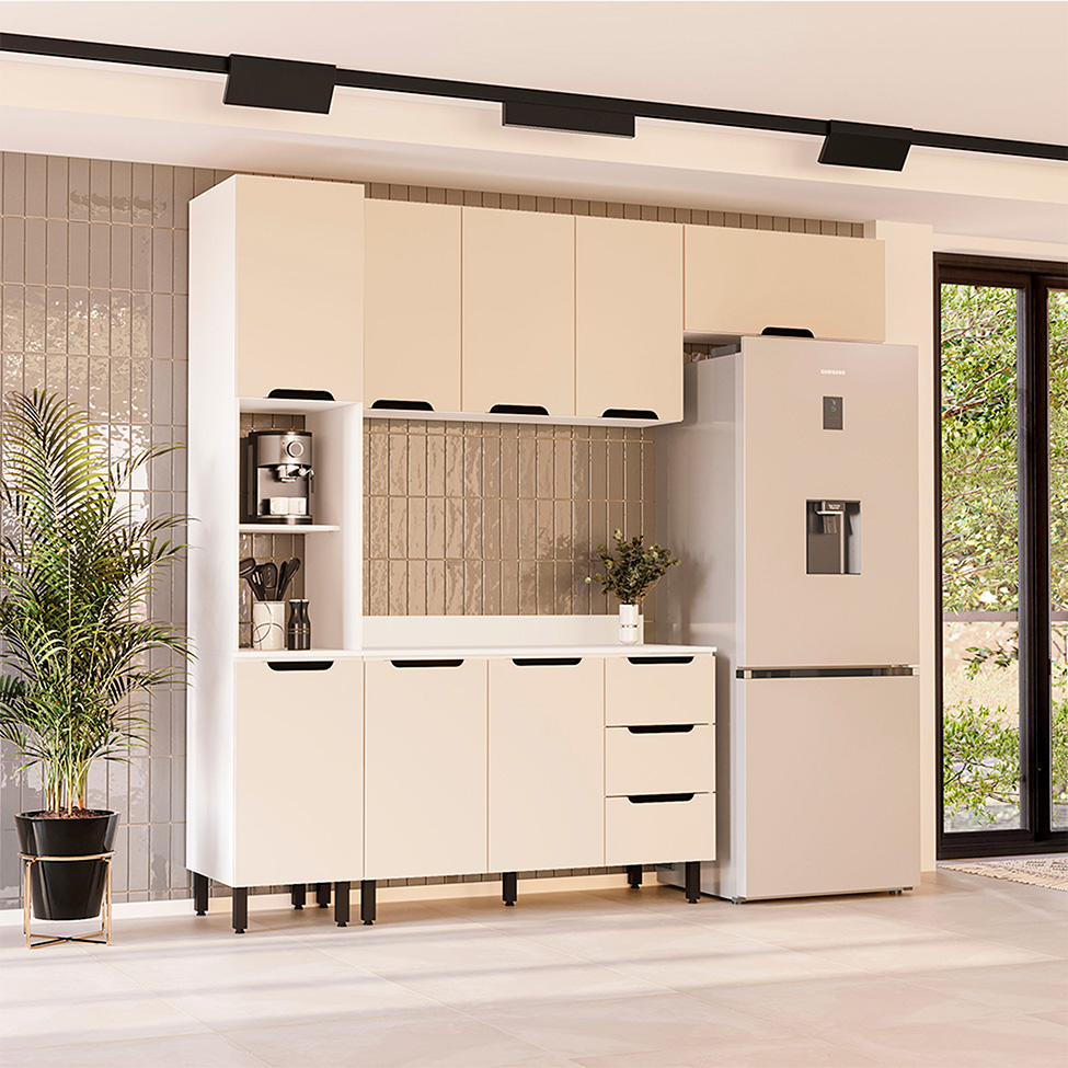 Cozinha Completa com Tampo Meena 8 Portas 3 Gavetas Creme e Branca