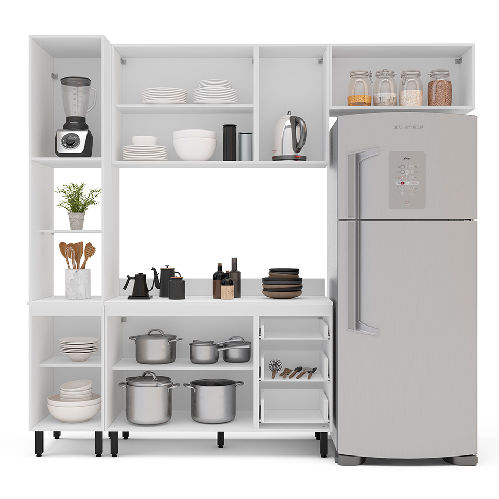 Cozinha Completa com Tampo Meena 8 Portas 3 Gavetas Creme e Branca