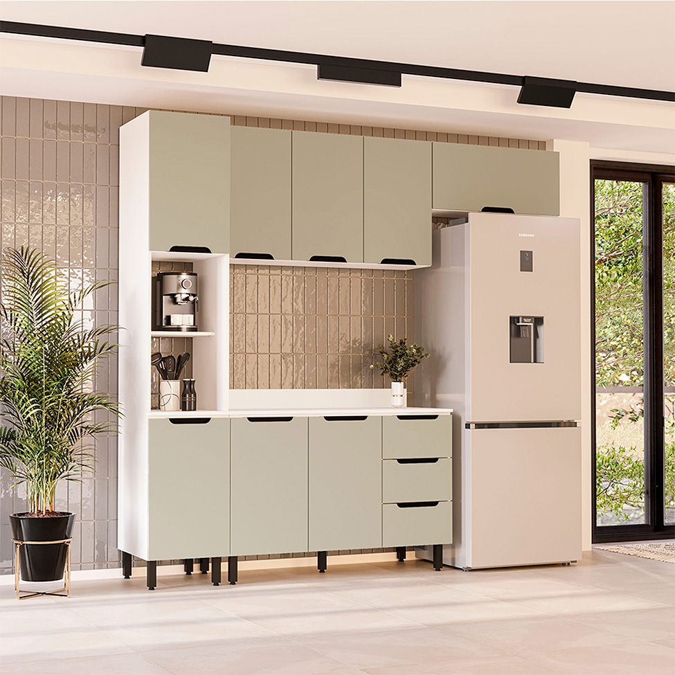 Cozinha Completa com Tampo Meena 8 Portas 3 Gavetas Verde e Branca