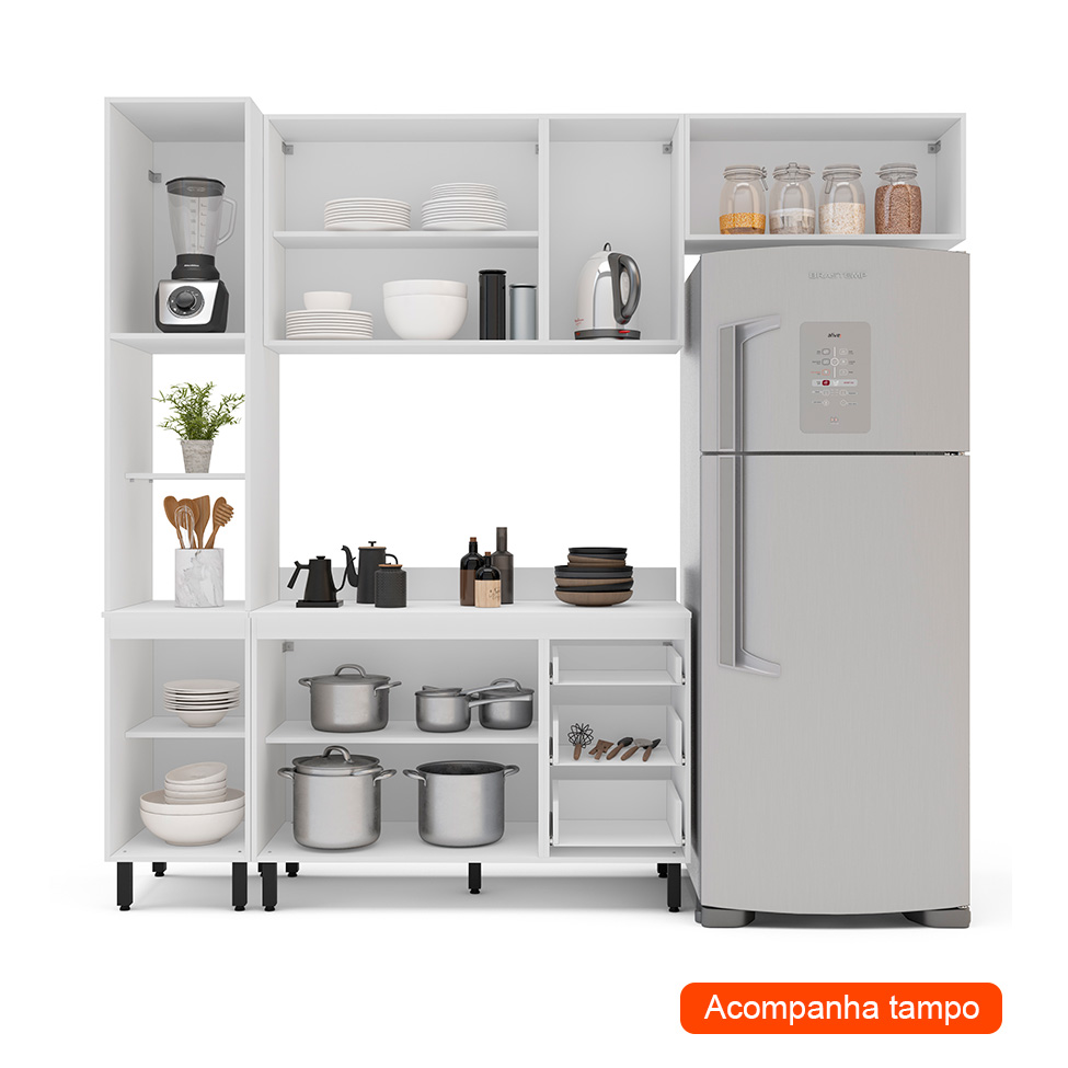 Cozinha Completa com Tampo Meena 8 Portas 3 Gavetas Verde e Branca