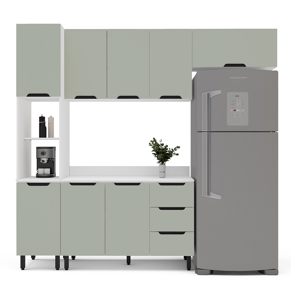 Cozinha Completa com Tampo Meena 8 Portas 3 Gavetas Verde e Branca