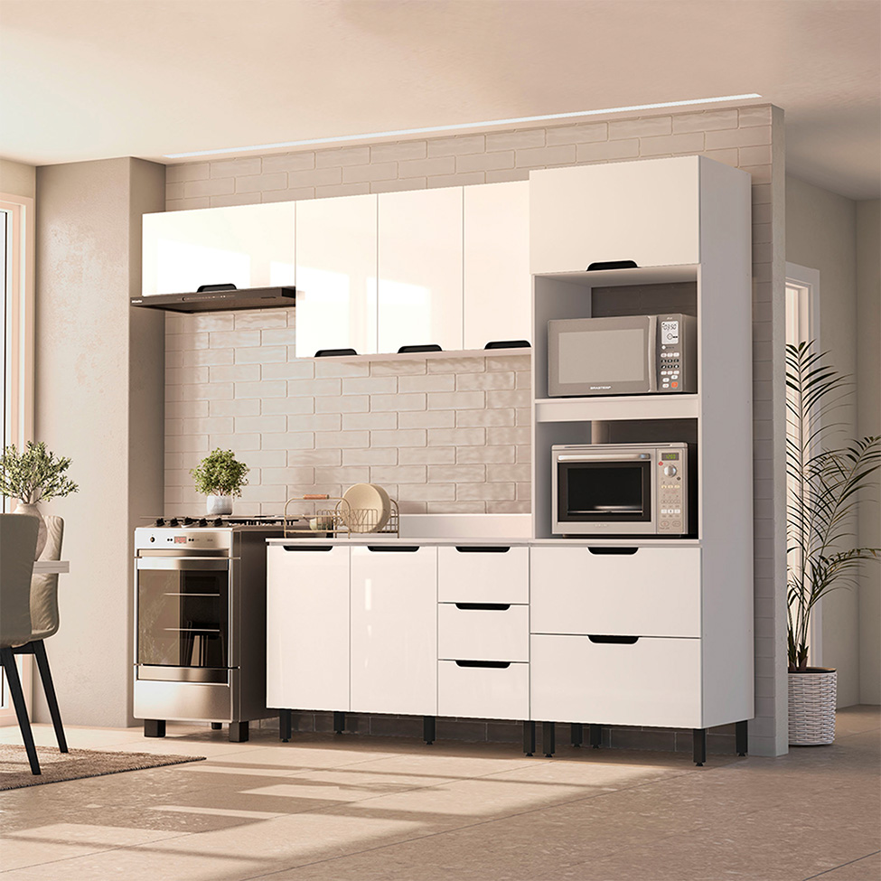 Cozinha Completa com Tampo Meena 8 Portas 4 Gavetas Branca