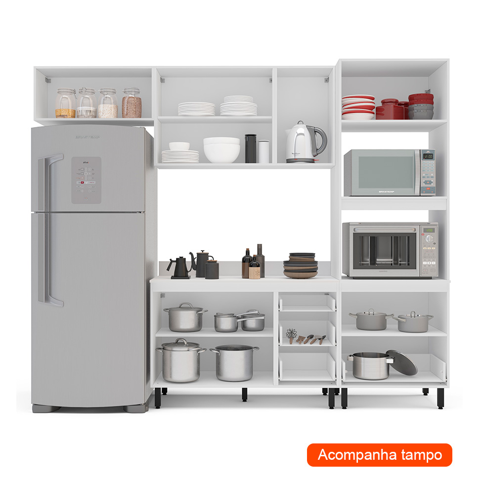 Cozinha Completa com Tampo Meena 8 Portas 4 Gavetas Branca
