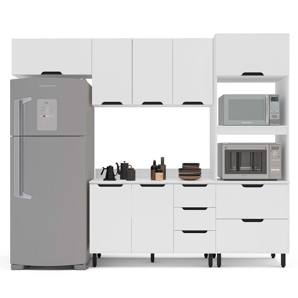 Cozinha Completa com Tampo Meena 8 Portas 4 Gavetas Branca