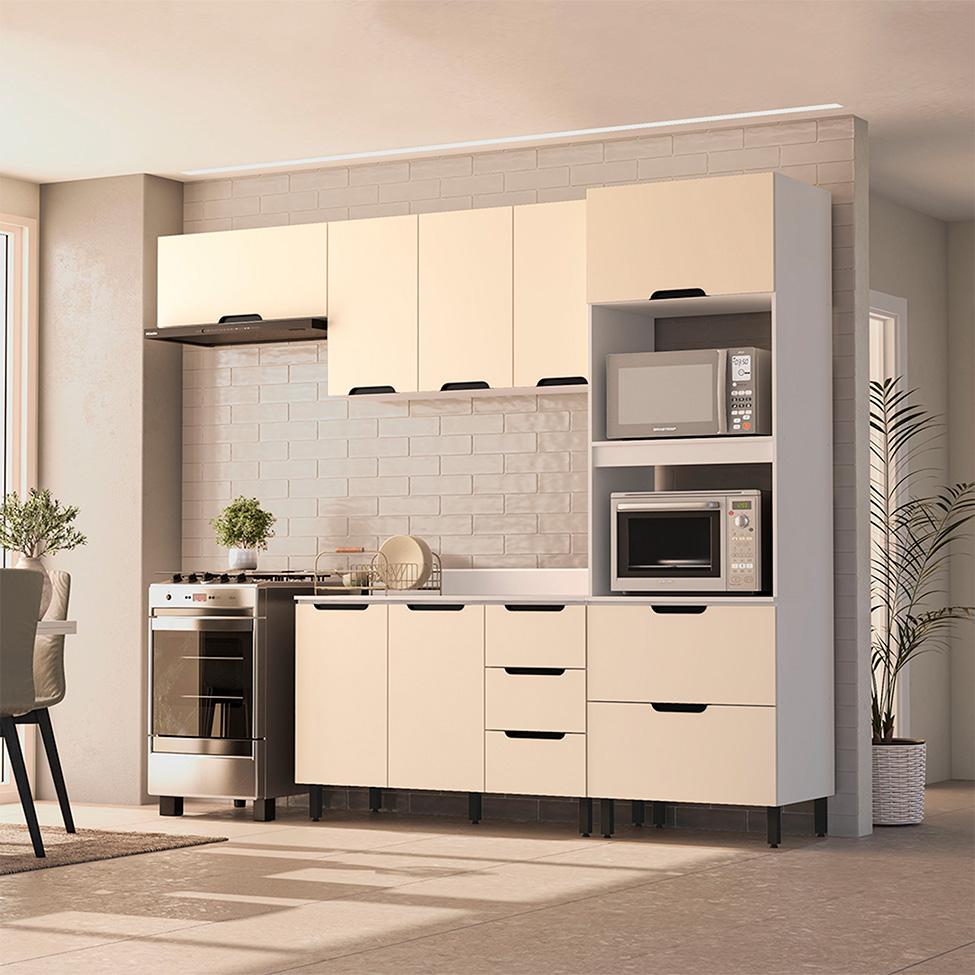 Cozinha Completa com Tampo Meena 8 Portas 4 Gavetas Creme e Branca