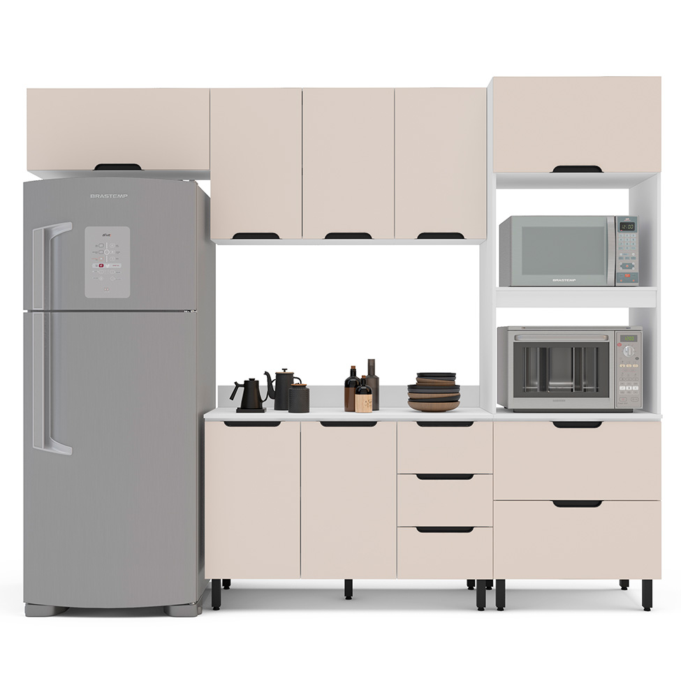 Cozinha Completa com Tampo Meena 8 Portas 4 Gavetas Creme e Branca