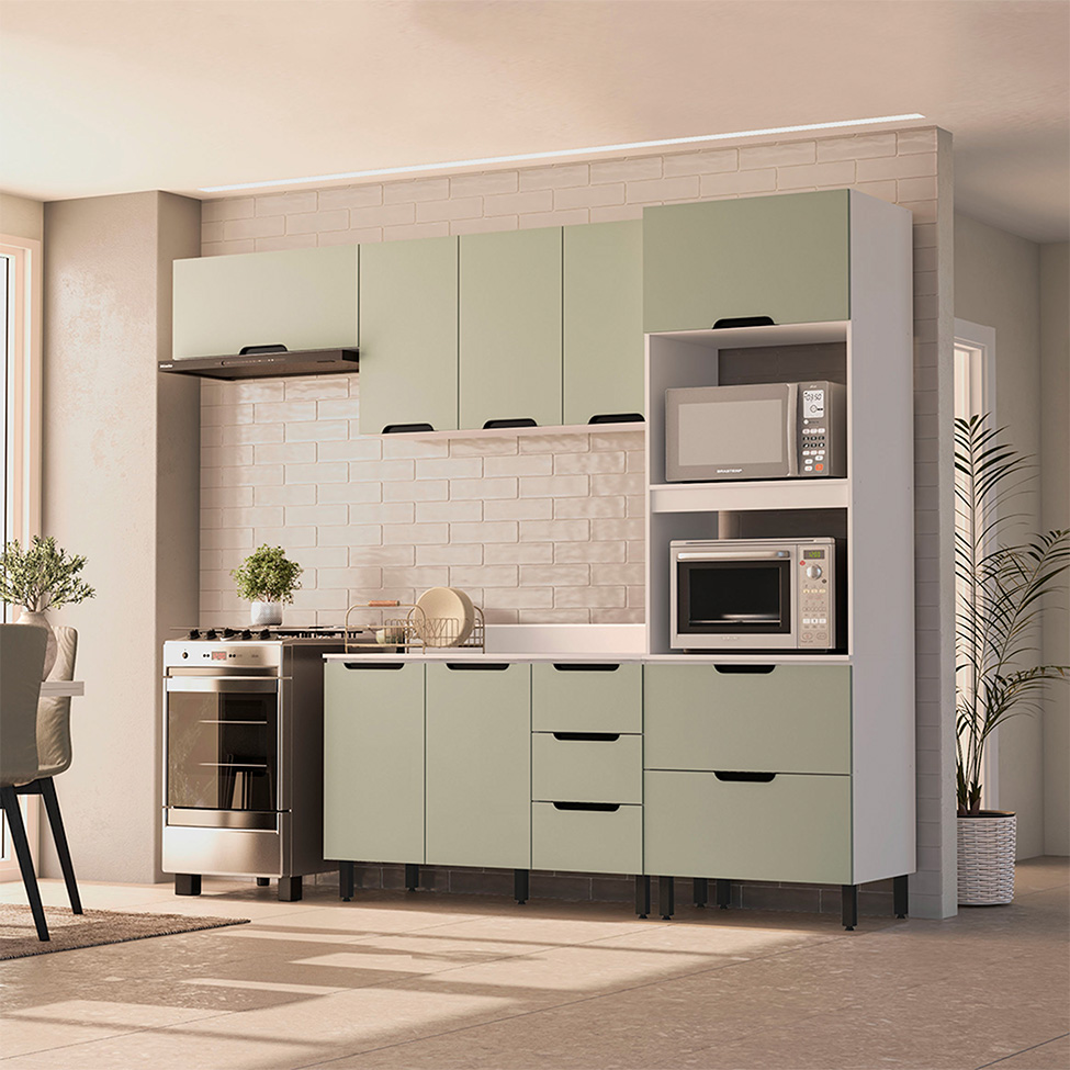Cozinha Completa com Tampo Meena 8 Portas 4 Gavetas Verde e Branca