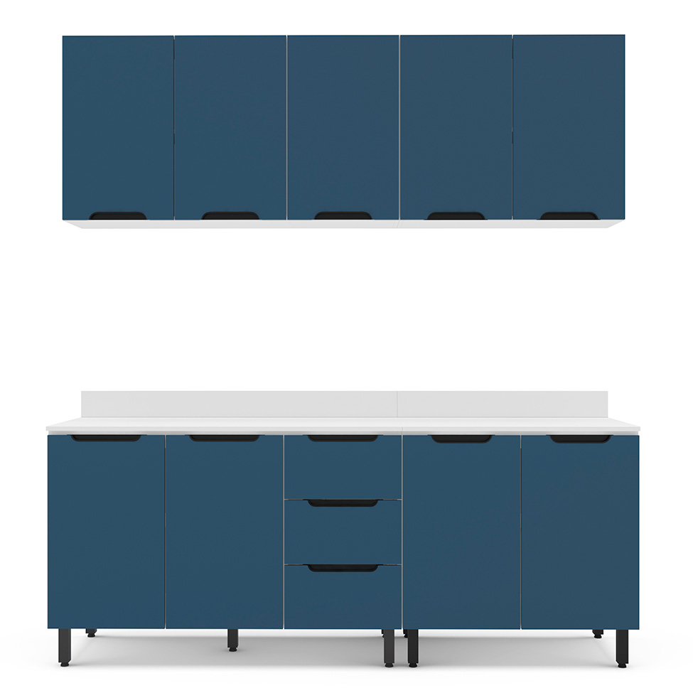 Cozinha Completa com Tampo Meena 9 Portas 3 Gavetas Azul e Branca