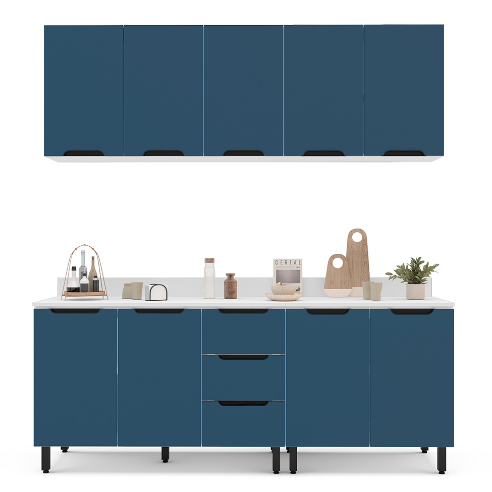 Cozinha Completa com Tampo Meena 9 Portas 3 Gavetas Azul e Branca
