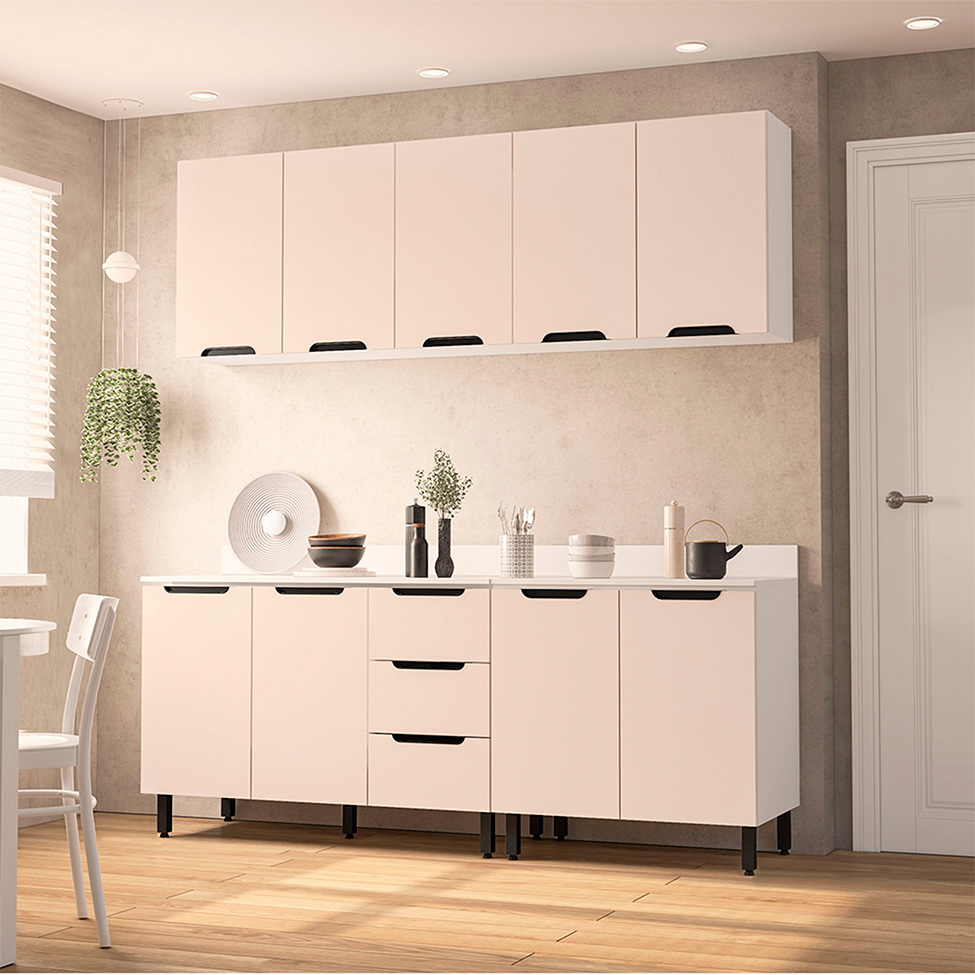 Cozinha Completa com Tampo Meena 9 Portas 3 Gavetas Creme e Branca