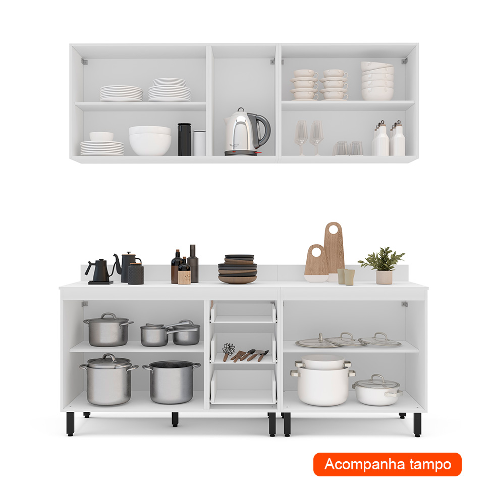 Cozinha Completa com Tampo Meena 9 Portas 3 Gavetas Creme e Branca